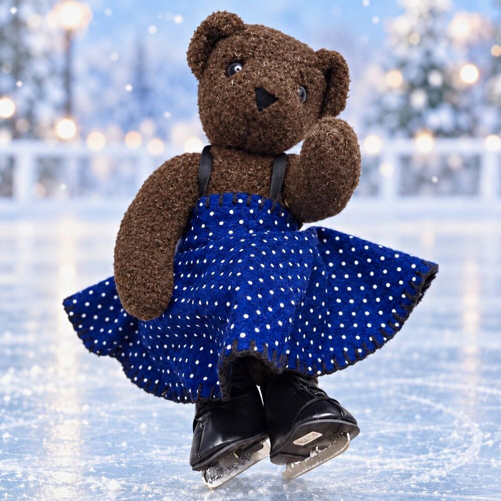 Vintage Vermont Teddy Bear Ice Skater Blue Polka Dot Dress USA 1997 Plush Toy